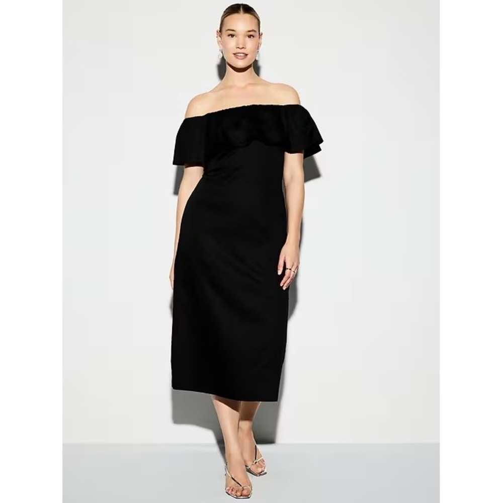 New! The Occasion Women's XS Petite Black Off the Shoulder Ruffle Midi Dress